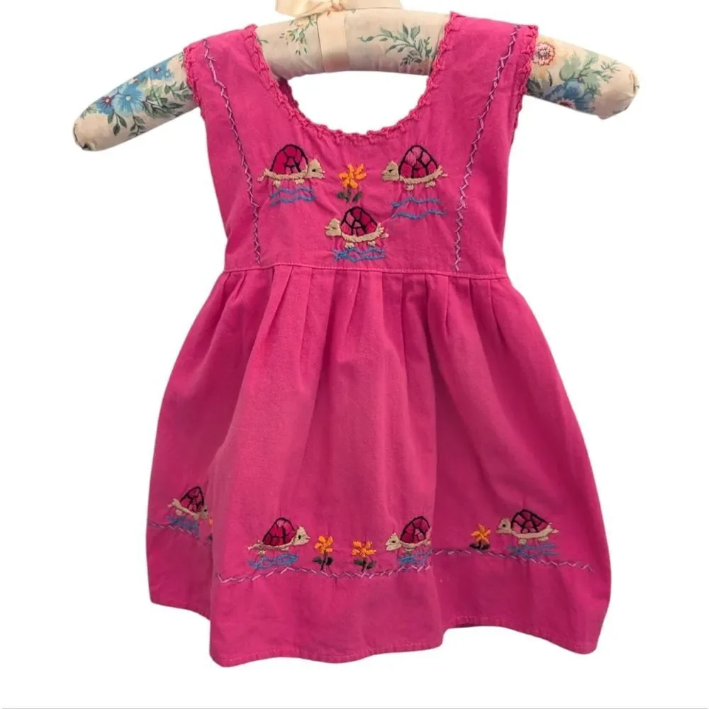 Vintage Girls Pink Embroidered Turtle Floral‎ Sundress
